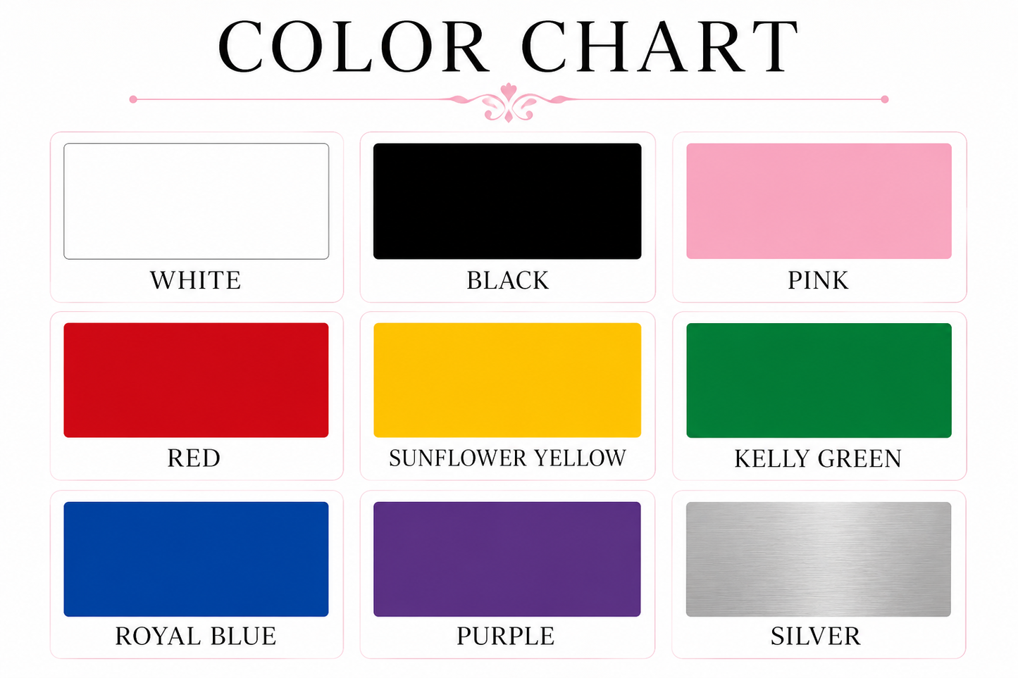 Black satin lap scarf with monogram name and silver trim, shown in a color chart for Roni Accessories Shop.