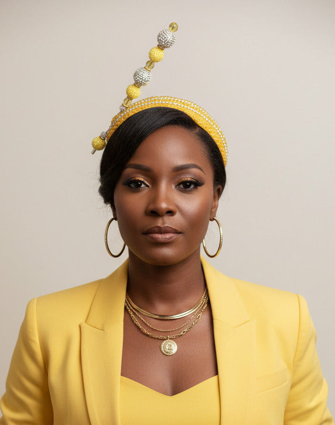 Yellow Fascinator Hat for Women, Church Hat, Silver Rhinestone Headpiece