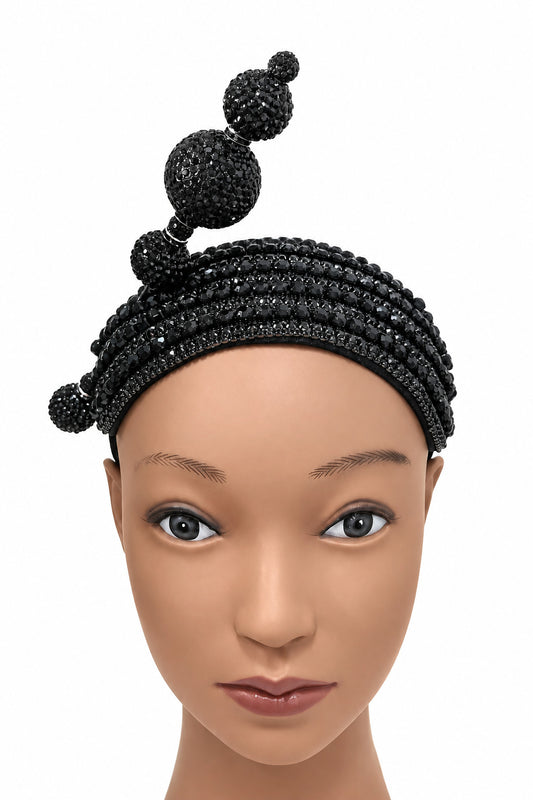 Black Beaded Fascinator Hat with Dangling Crystals for Church, Weddings & Derby