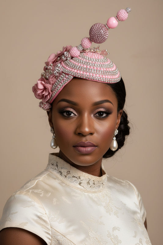 Pink church hat fascinator by Roni Accessories Store featuring elegant feathers and lace for weddings, church, and special events.