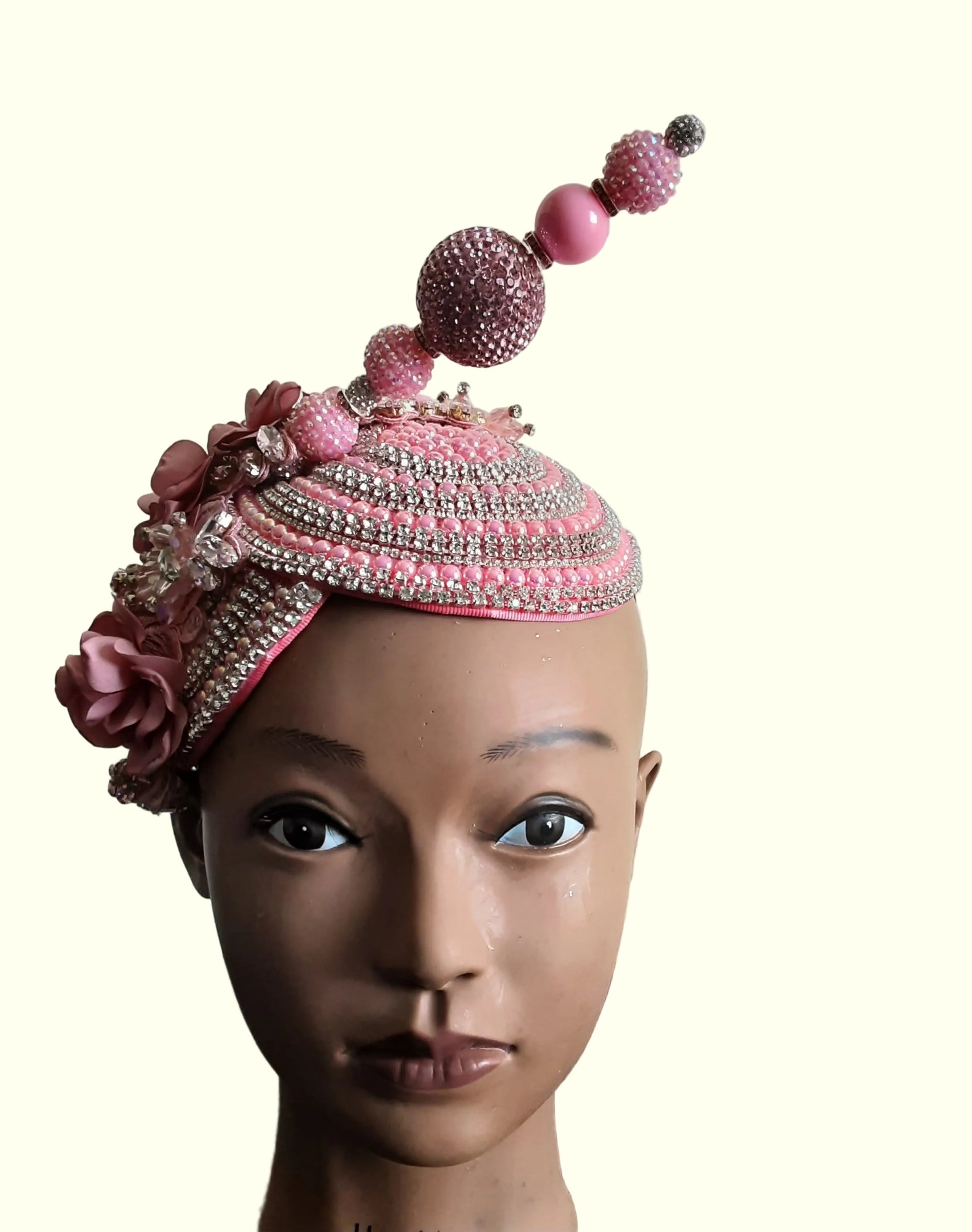 Pink church hat fascinator by Roni Accessories Store, elegant formal hat with decorative details for weddings and special events.