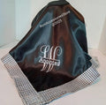 Black satin bag with silver rhinestone trim with  monogram. Measures L22xH22