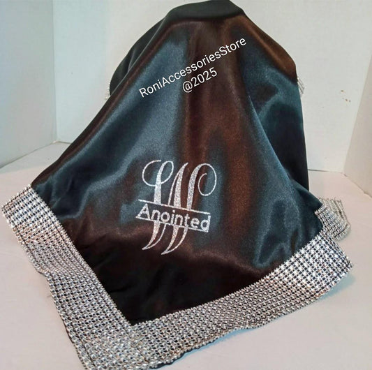 Black satin bag with silver rhinestone trim with  monogram. Measures L22xH22