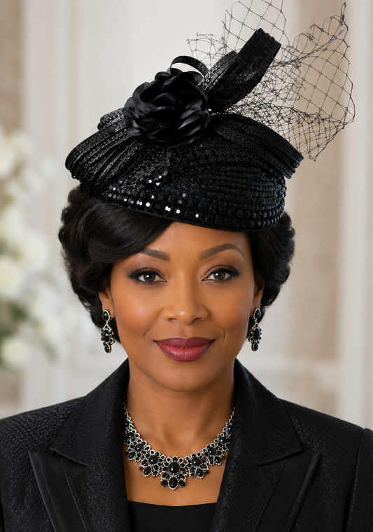 Church Hat Black Fascinator with Black Embellishments
