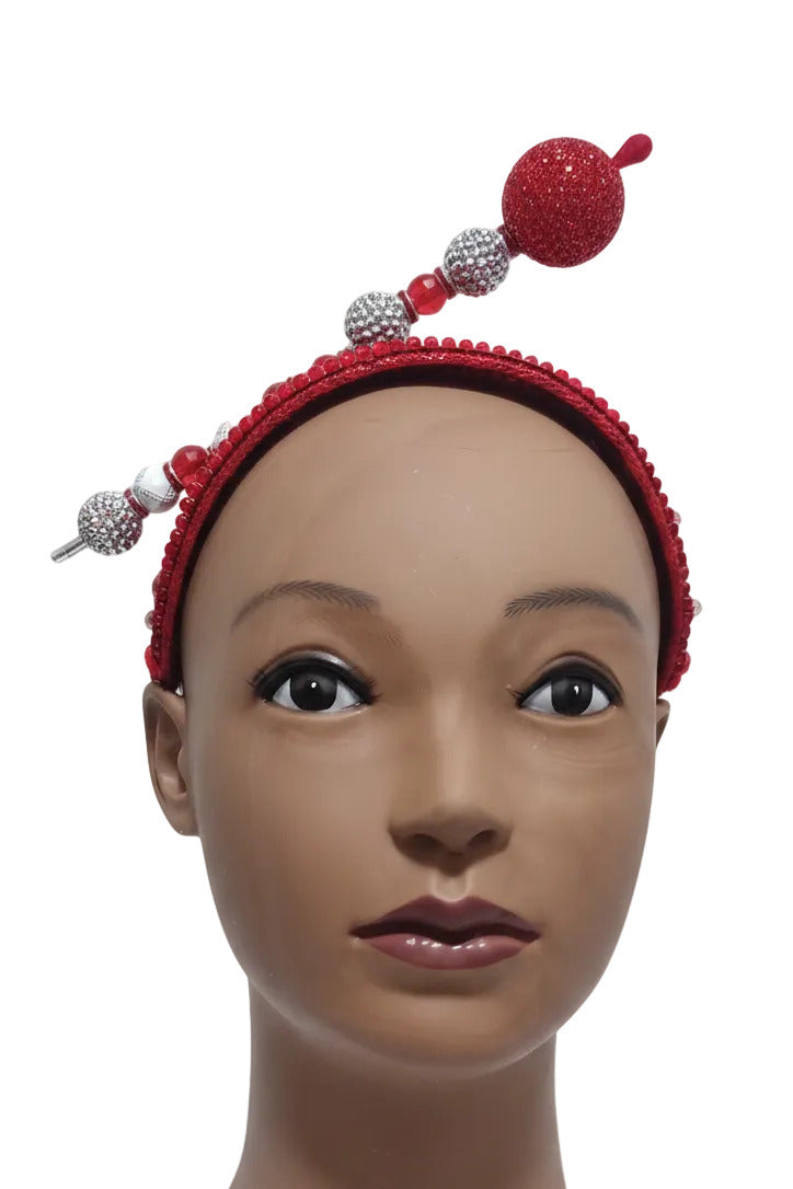 Red hat fascinator headband with hat pin by Roni Accessories Shop, featuring elegant design and stylish headband detail.