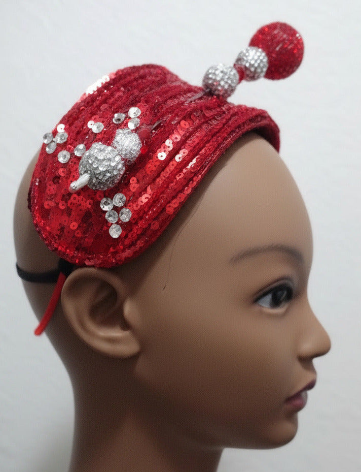 Red church hat fascinator headband with decorative hat pin by Roni Accessories Shop, featuring elegant design and vibrant color.