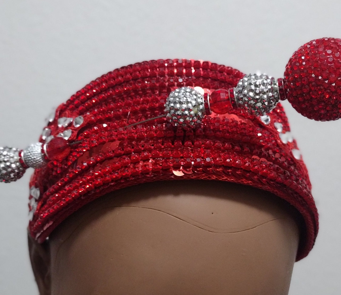 Red hat fascinator headband with hat pin by Roni Accessories Shop, featuring a stylish church hat design and elegant embellishments.
