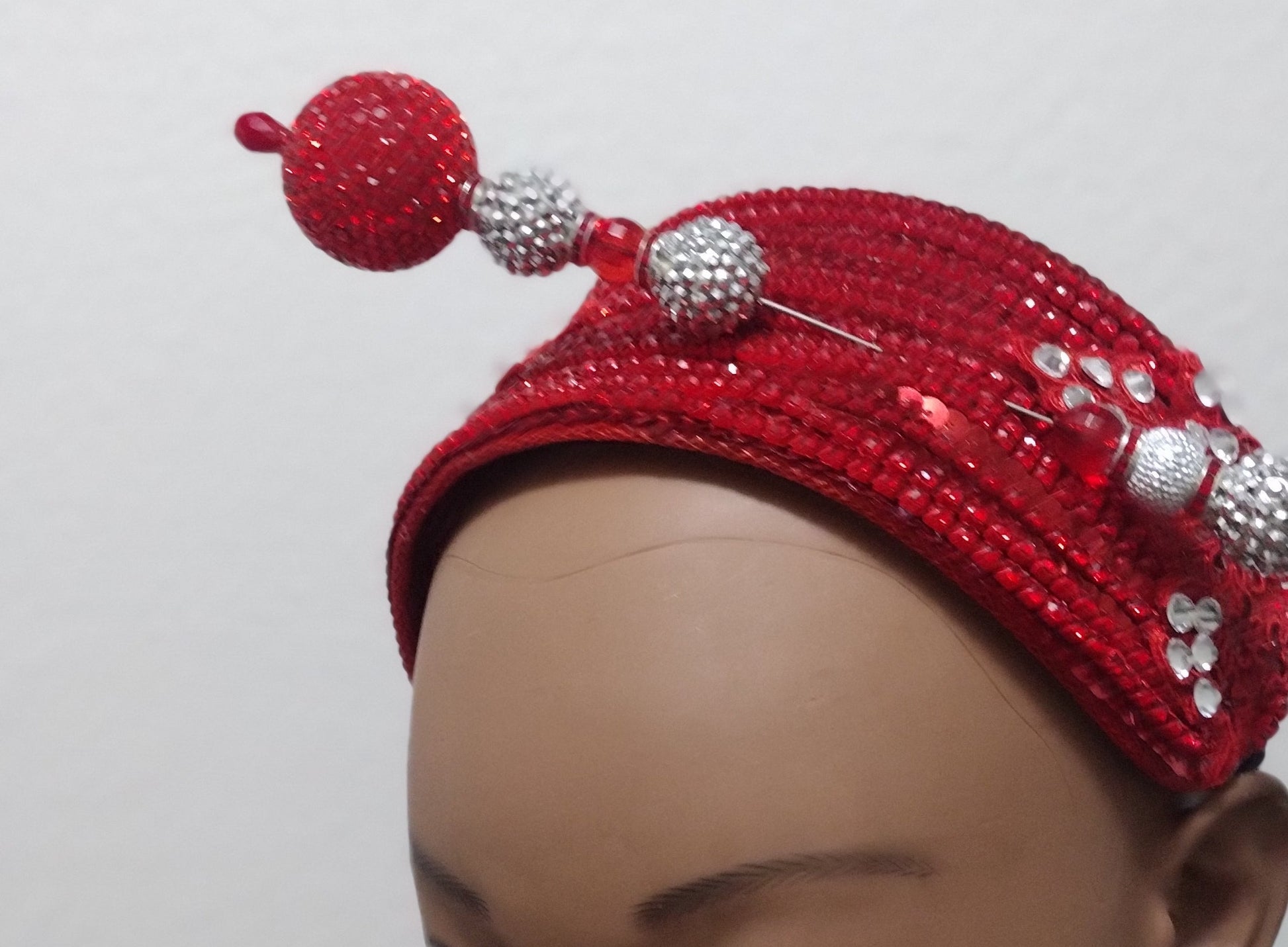 Red hat fascinator headband with hat pin, stylish church hat accessory from Roni Accessories Shop.