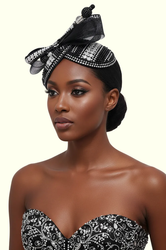 Black and silver church hat fascinator with decorative hat pin, elegant style for special occasions and church events.