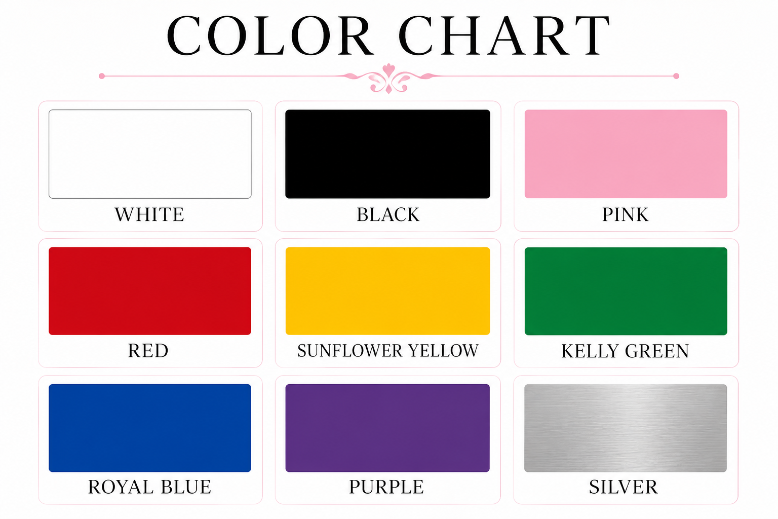 Black satin lap scarf with monogram name and silver trim, shown in a color chart for Roni Accessories Shop.