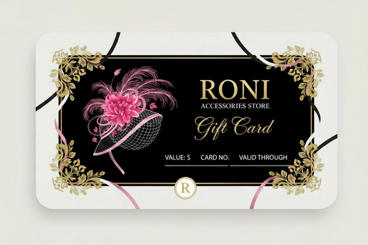 Pink flower-themed gift card from Roni Accessories Store featuring floral design and branding.