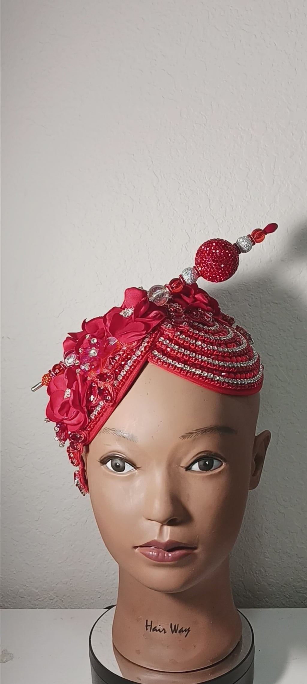 Red Beaded Fascinator Hat | Handcrafted Church Hat with Floral & Rhinestone Detail
