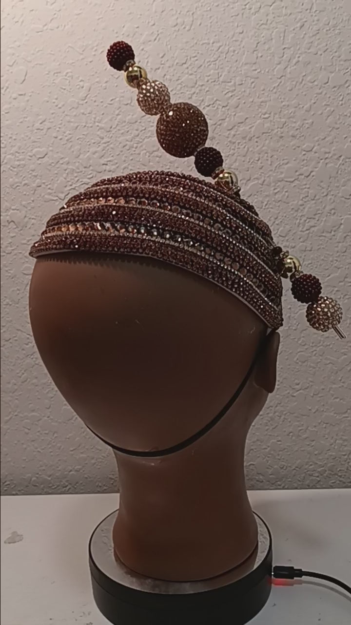 Church Hat  Brown with Gold Fascinator with Rhinestones and a Matching Hat Pin