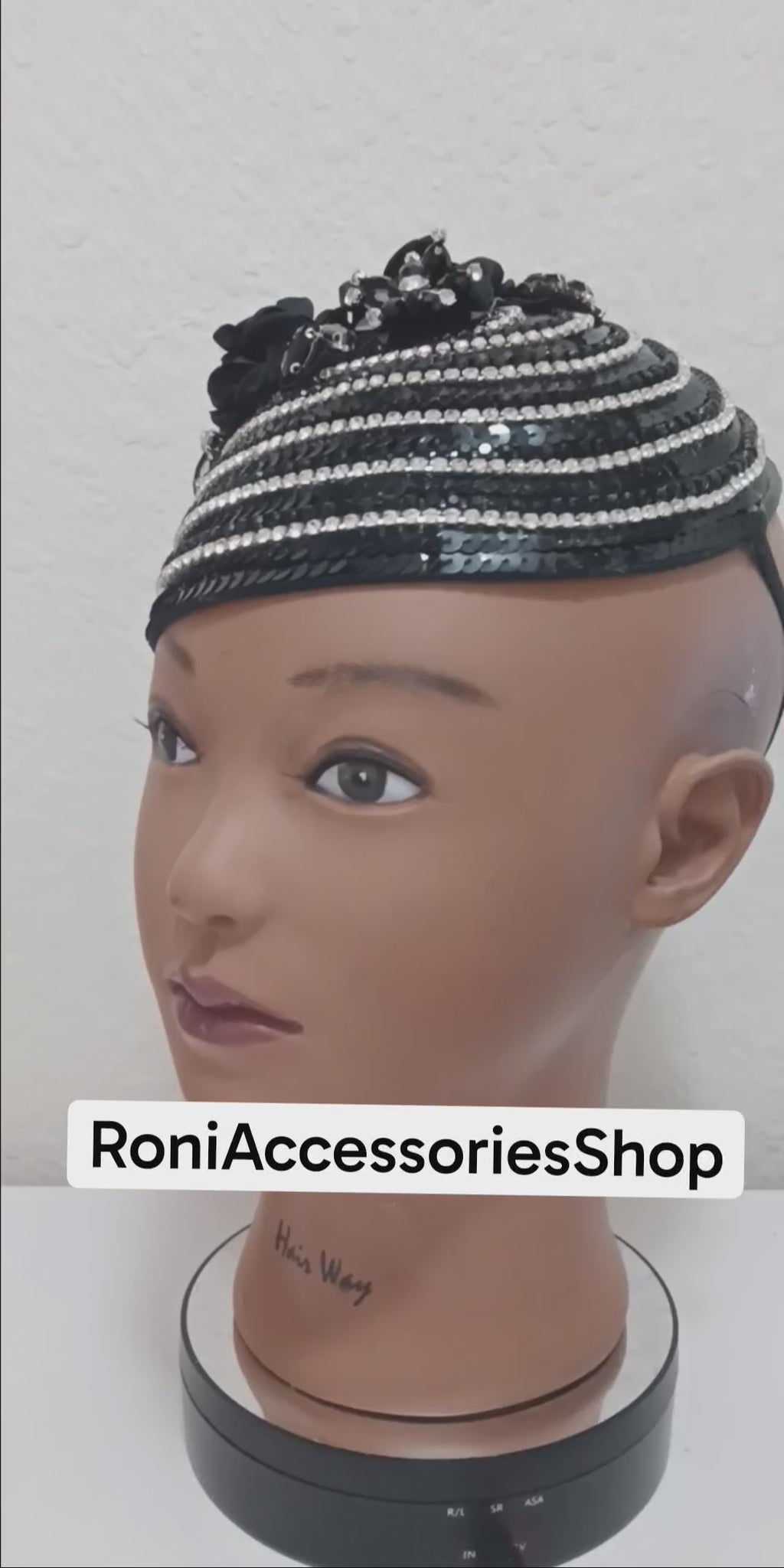 Church Hat Sequin Fascinator with Silver & Black Rhinestone Rows