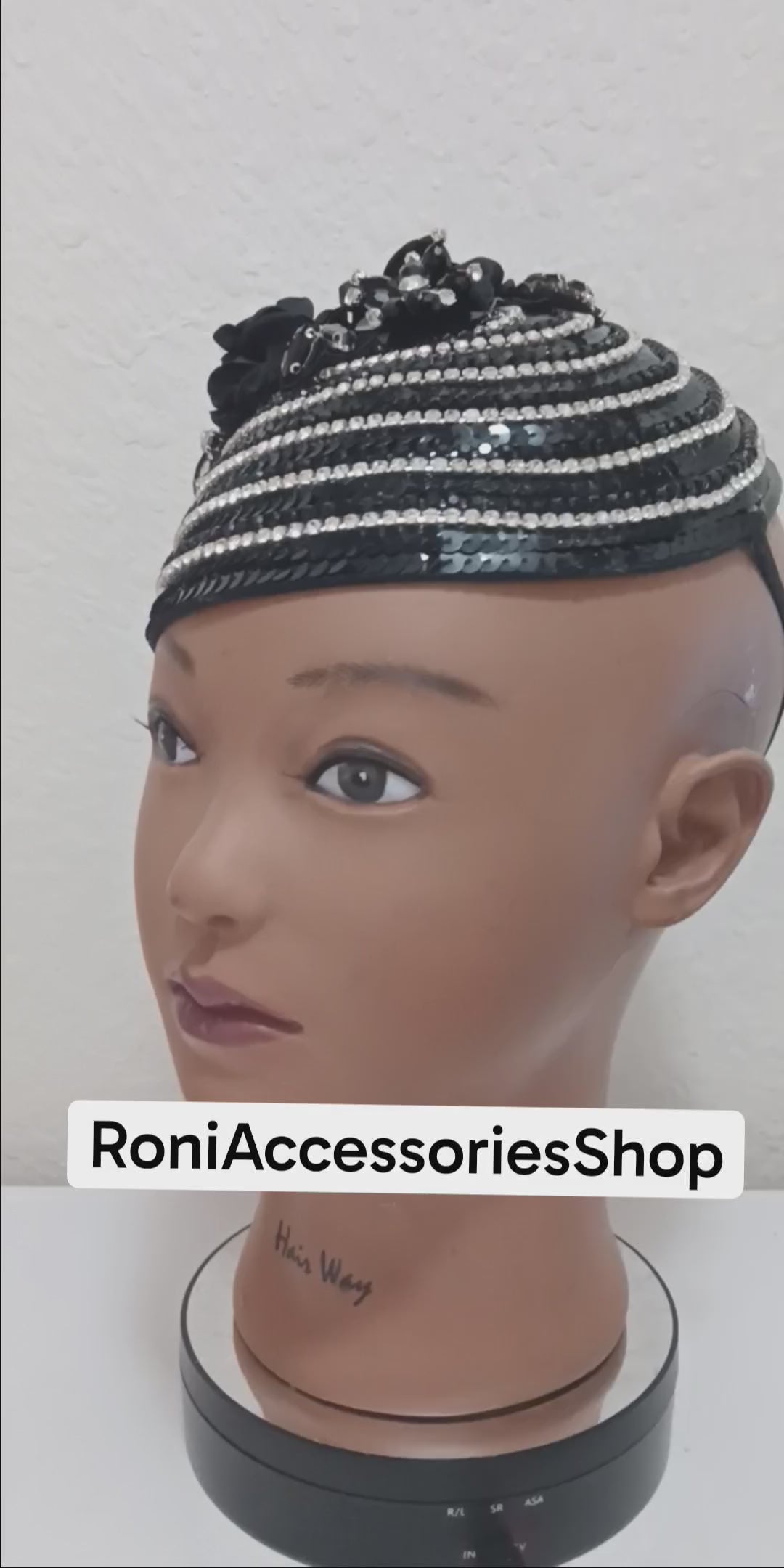 Church Hat Sequin Fascinator with Silver & Black Rhinestone Rows