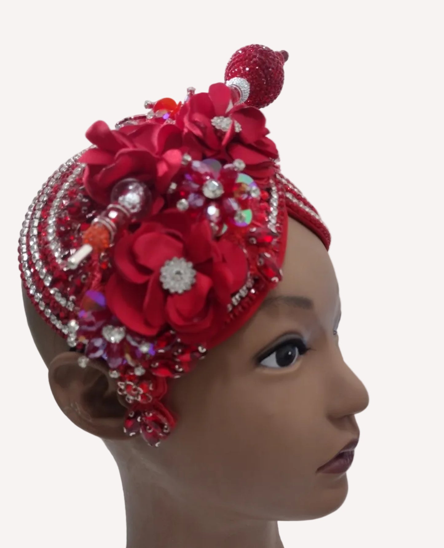 Red handcrafted church hat fascinator with floral accents and rhinestone details, designed by Roni Accessories Store.
