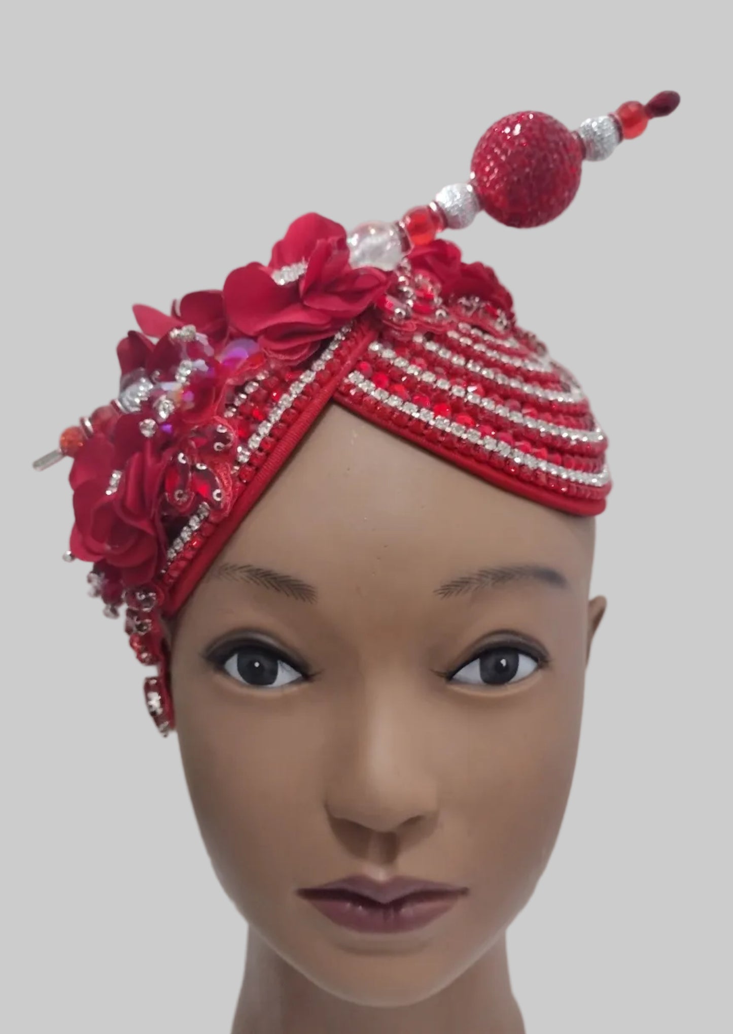 Red handcrafted church hat fascinator with floral and rhinestone details, stylish headpiece by Roni Accessories Store.