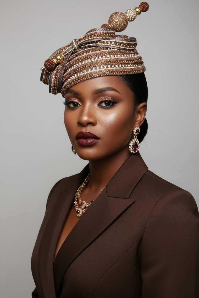 A highly detailed, beaded traditional African headwrap (doka) displayed on a mannequin head. The headwrap features intricate patterns of brown, gold, and red beads, with a matching beaded top finial and side decorative elements, shown against a plain off-white wall background.