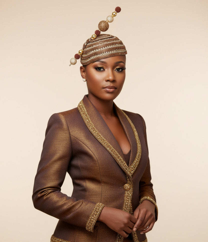 Church Hat  Brown with Gold Fascinator with Rhinestones and a Matching Hat Pin