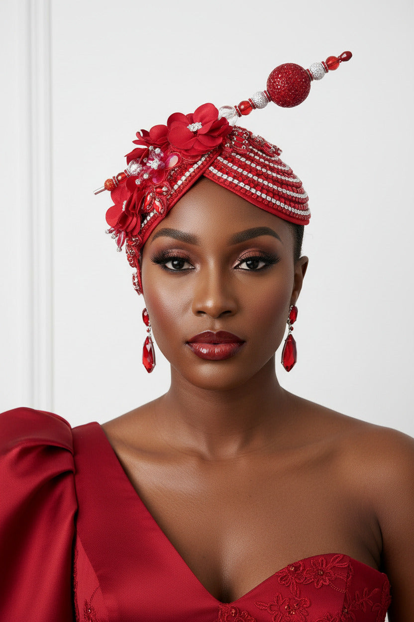 Red fascinator hat with floral and rhinestone details, handcrafted church hat styled for formal occasions by Roni Accessories.