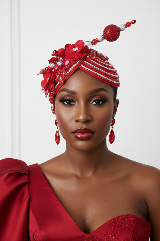 Red fascinator hat with floral and rhinestone details, handcrafted church hat styled for formal occasions by Roni Accessories.