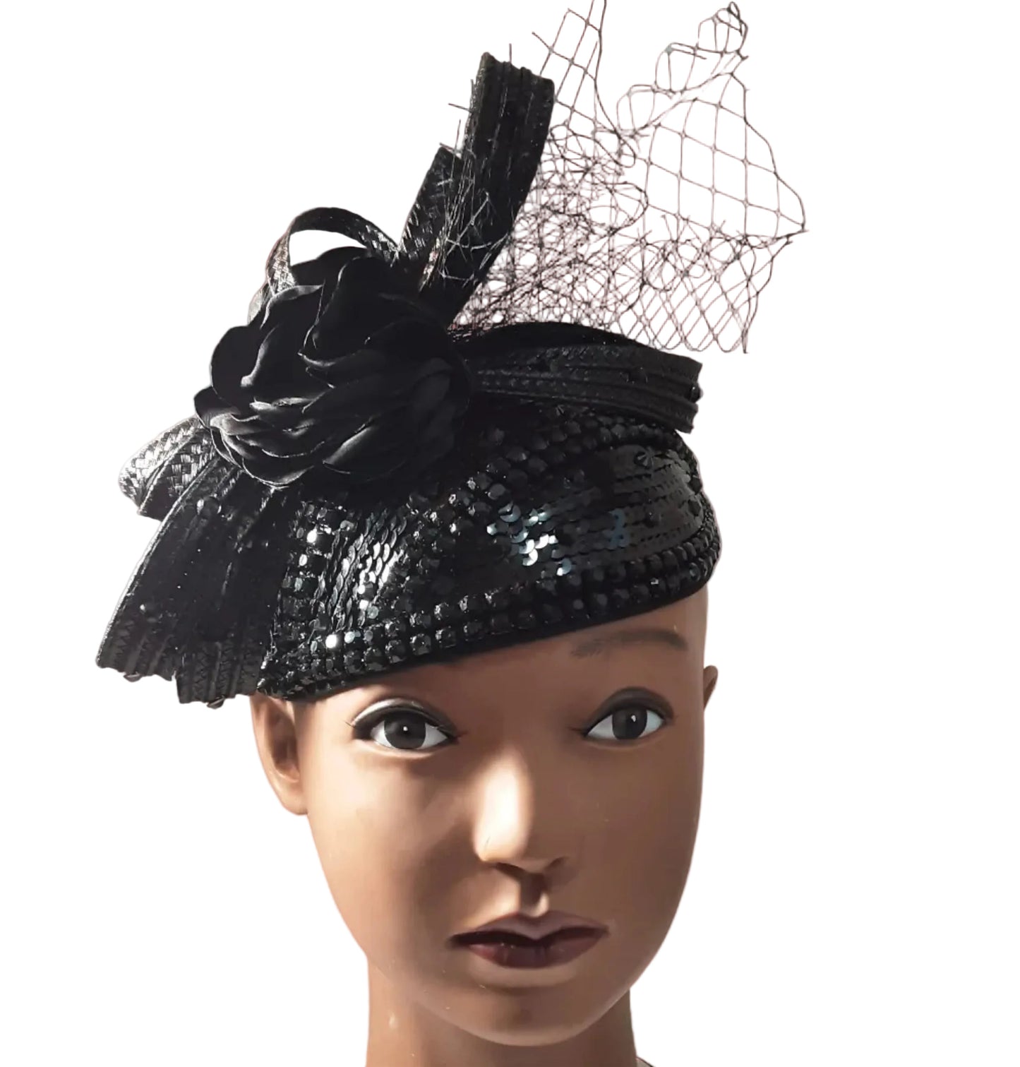 Church Hat Black Fascinator with Black Embellishments