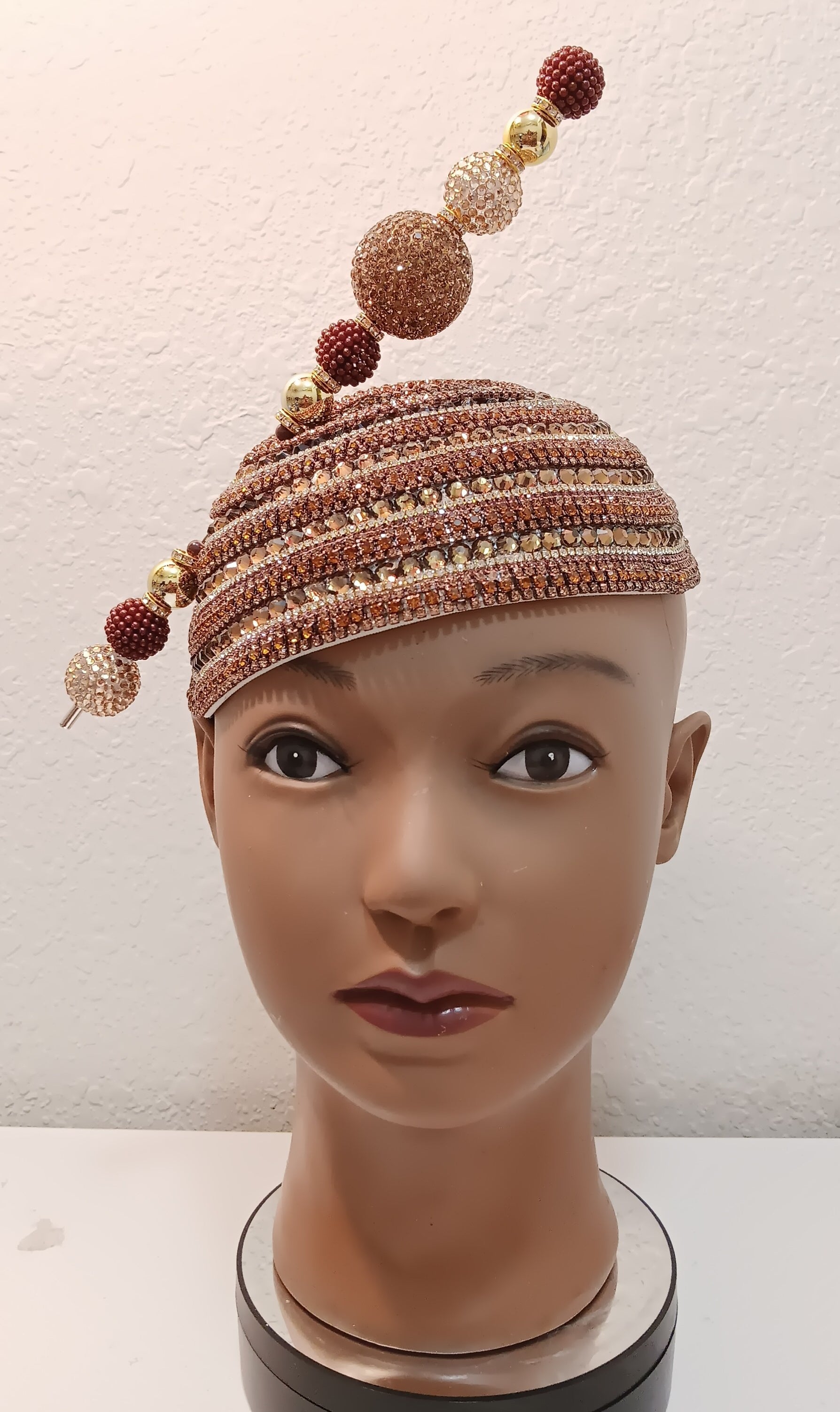 Church Hat  Brown with Gold Fascinator with Rhinestones and a Matching Hat Pin