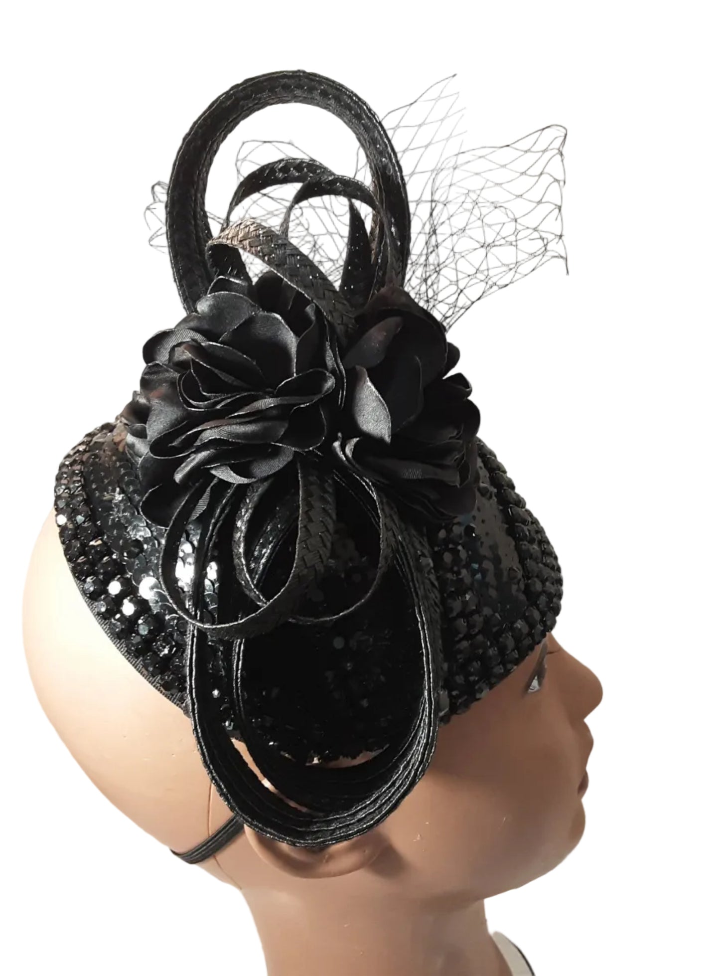 Church Hat Black Fascinator with Black Embellishments