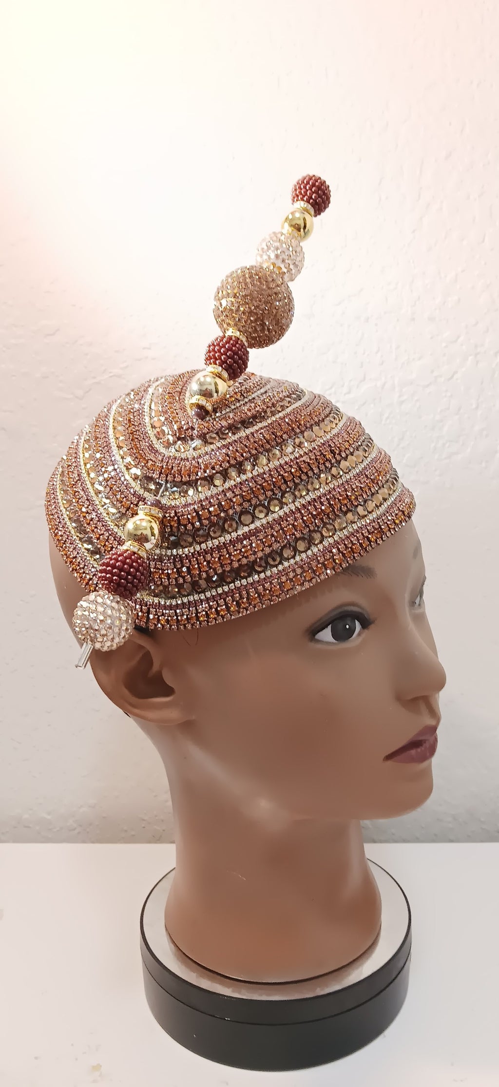 Church Hat  Brown with Gold Fascinator with Rhinestones and a Matching Hat Pin