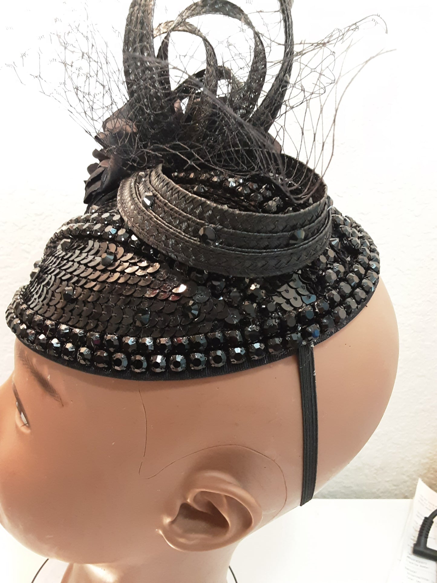Church Hat Black Fascinator with Black Embellishments