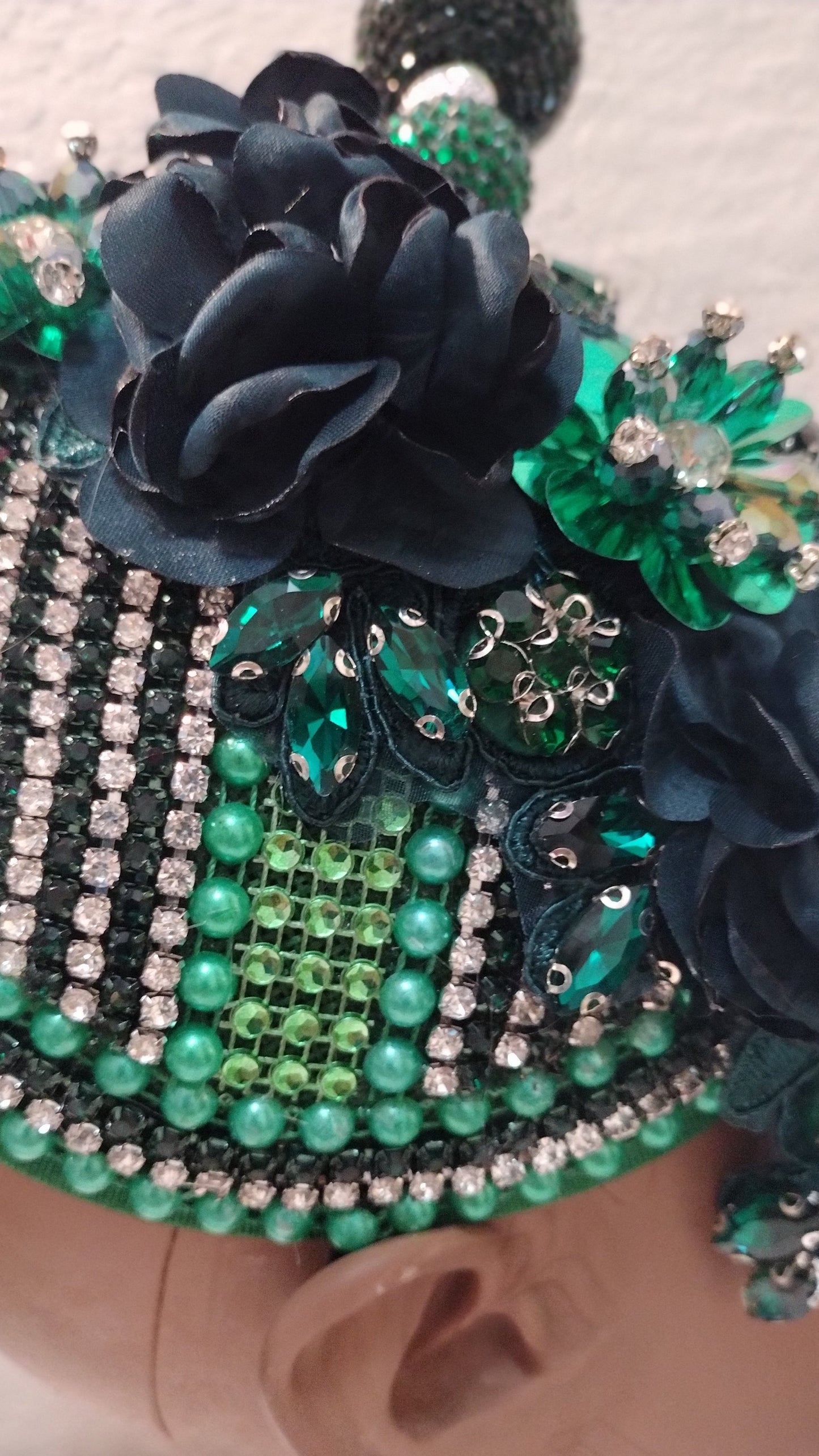 Church Hat Fascinators Green, Emerald Green, and Silver Rhinestone with a Hat Pin