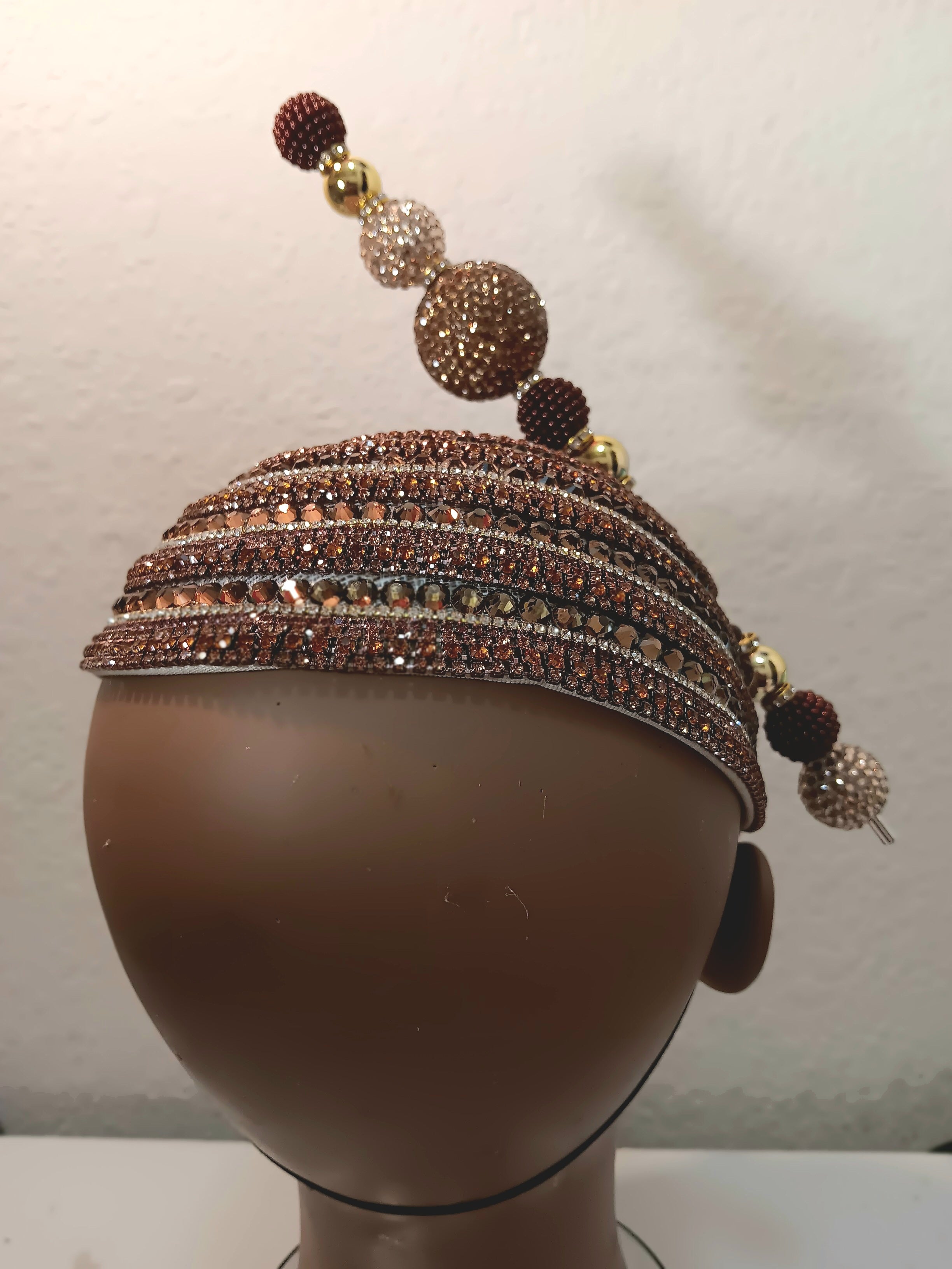 Church Hat  Brown with Gold Fascinator with Rhinestones and a Matching Hat Pin