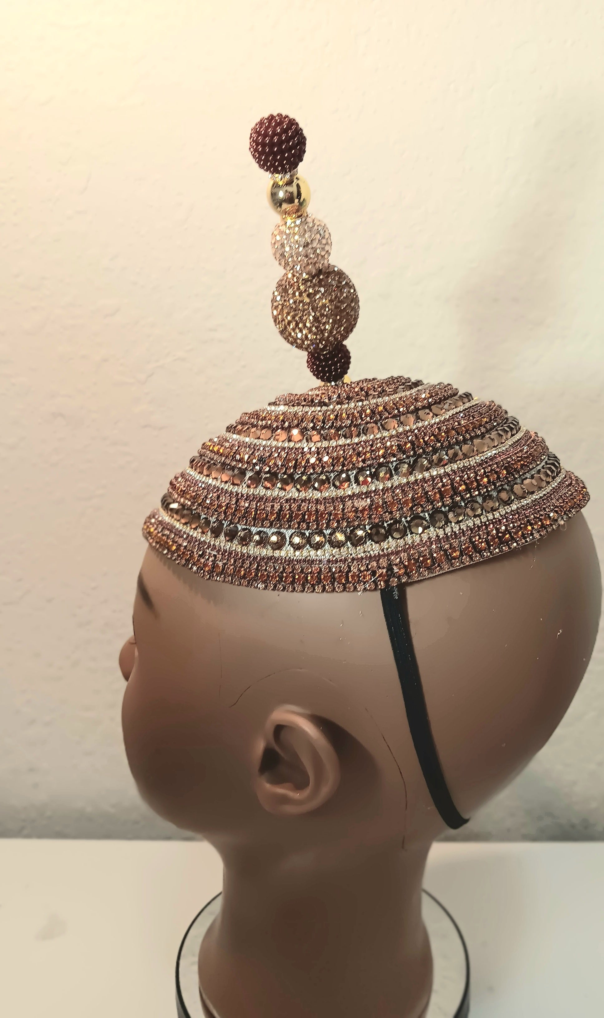 Church Hat  Brown with Gold Fascinator with Rhinestones and a Matching Hat Pin