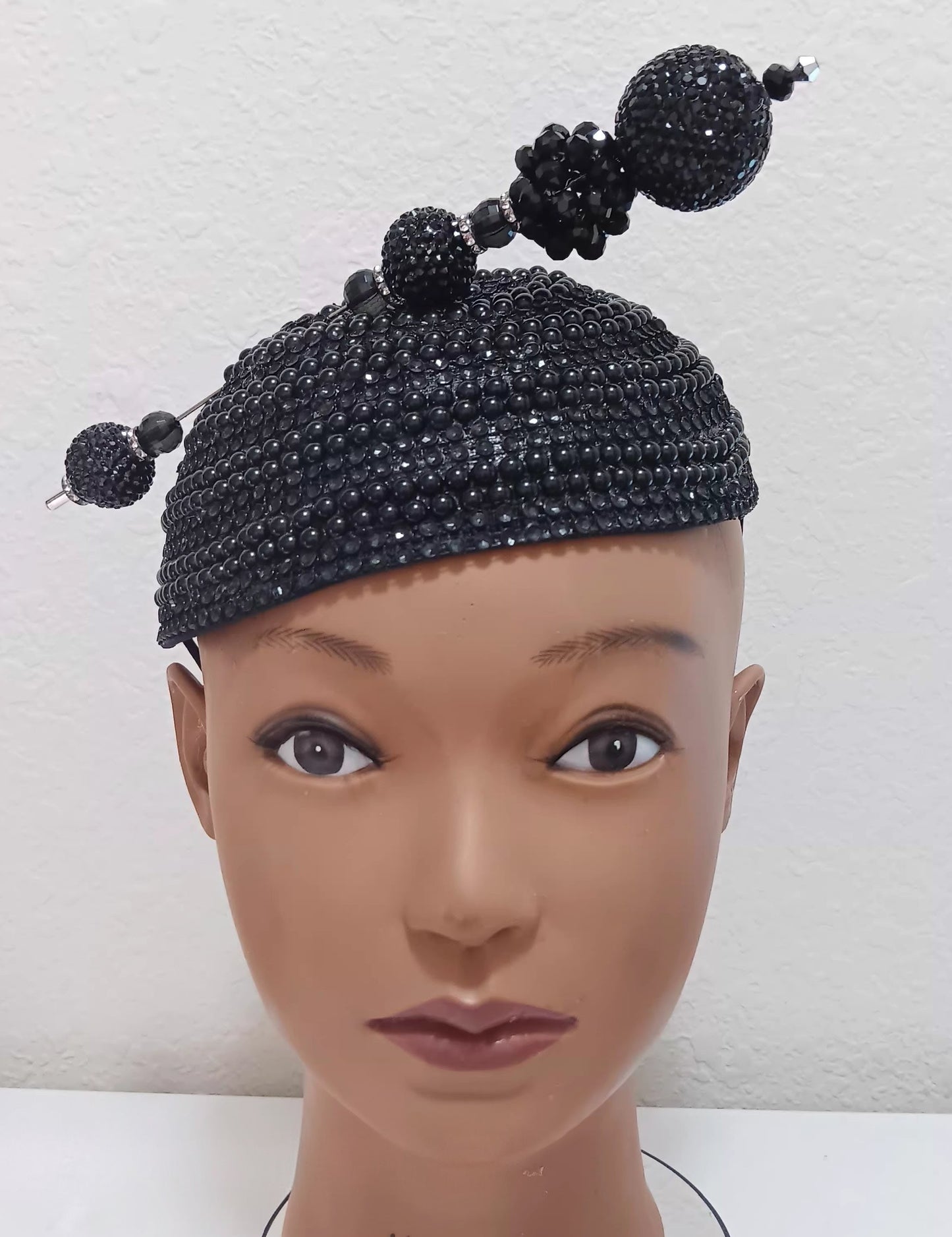 Black church hat fascinator with hat pin, stylish headpiece from Roni Accessories Store, featuring elegant design and decorative details.
