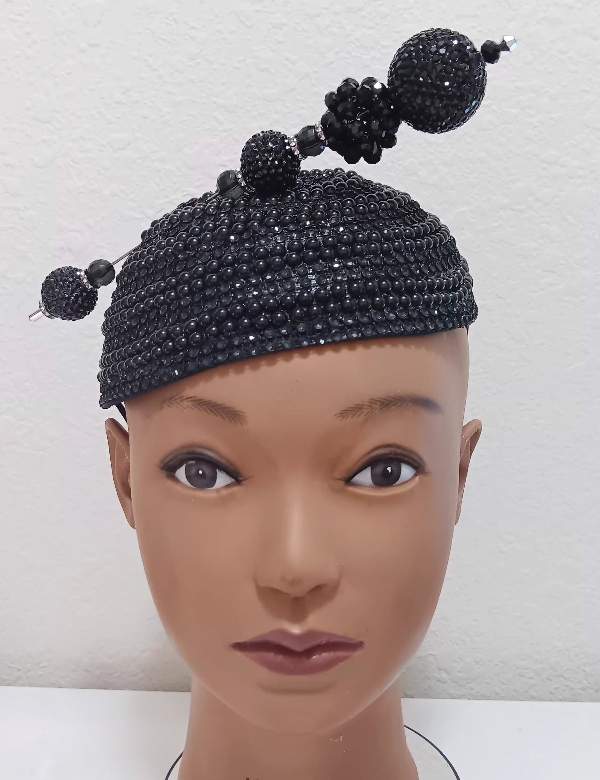 Black church hat fascinator with hat pin, stylish headpiece from Roni Accessories Store, featuring elegant design and decorative details.