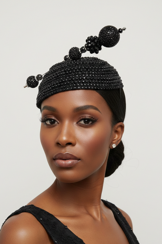 Black Roni Accessories Store hat fascinator with decorative hat pin, elegant church hat for formal occasions.