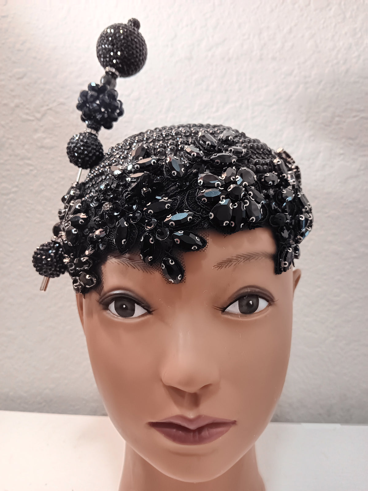 Black Beaded Fascinator Hat | Crystal Rhinestone Church Hat | Statement Pillbox Headpiece | Women's Derby Hat | Black Hat Sunday Best Accessory