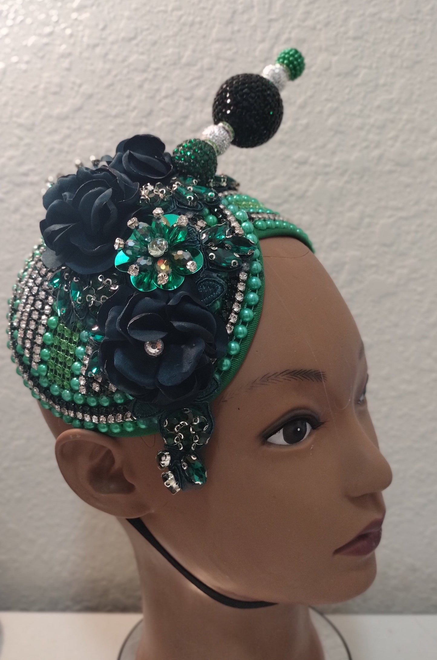Church Hat Fascinators Green, Emerald Green, and Silver Rhinestone with a Hat Pin