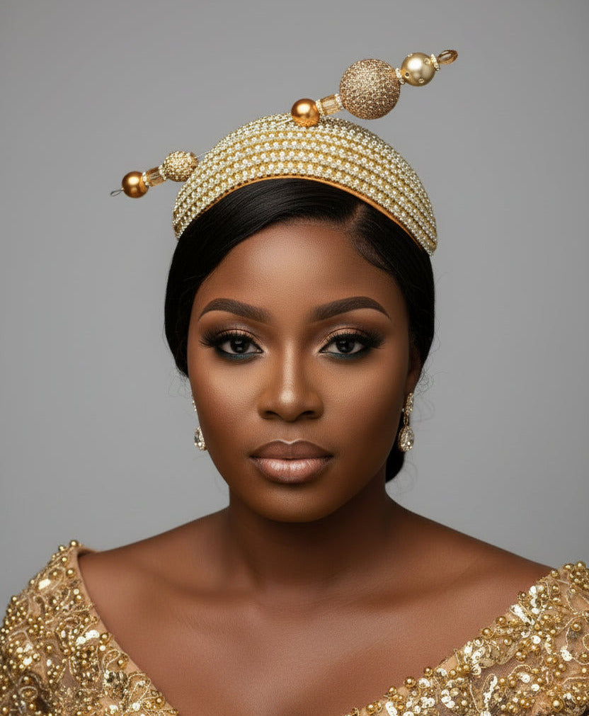 A gold rhinestone-embellished head covering with ornate dangling bead and tassel details, displayed on a mannequin head against a plain light background.