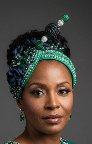 A green and black embellished headwrap headband displayed on a mannequin head against a textured off-white wall.