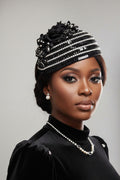 Church Hat Sequin Fascinator with Silver & Black Rhinestone Rows