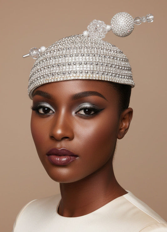 A rhinestone-embellished black head covering or cap displayed on a mannequin head against a plain indoor wall.