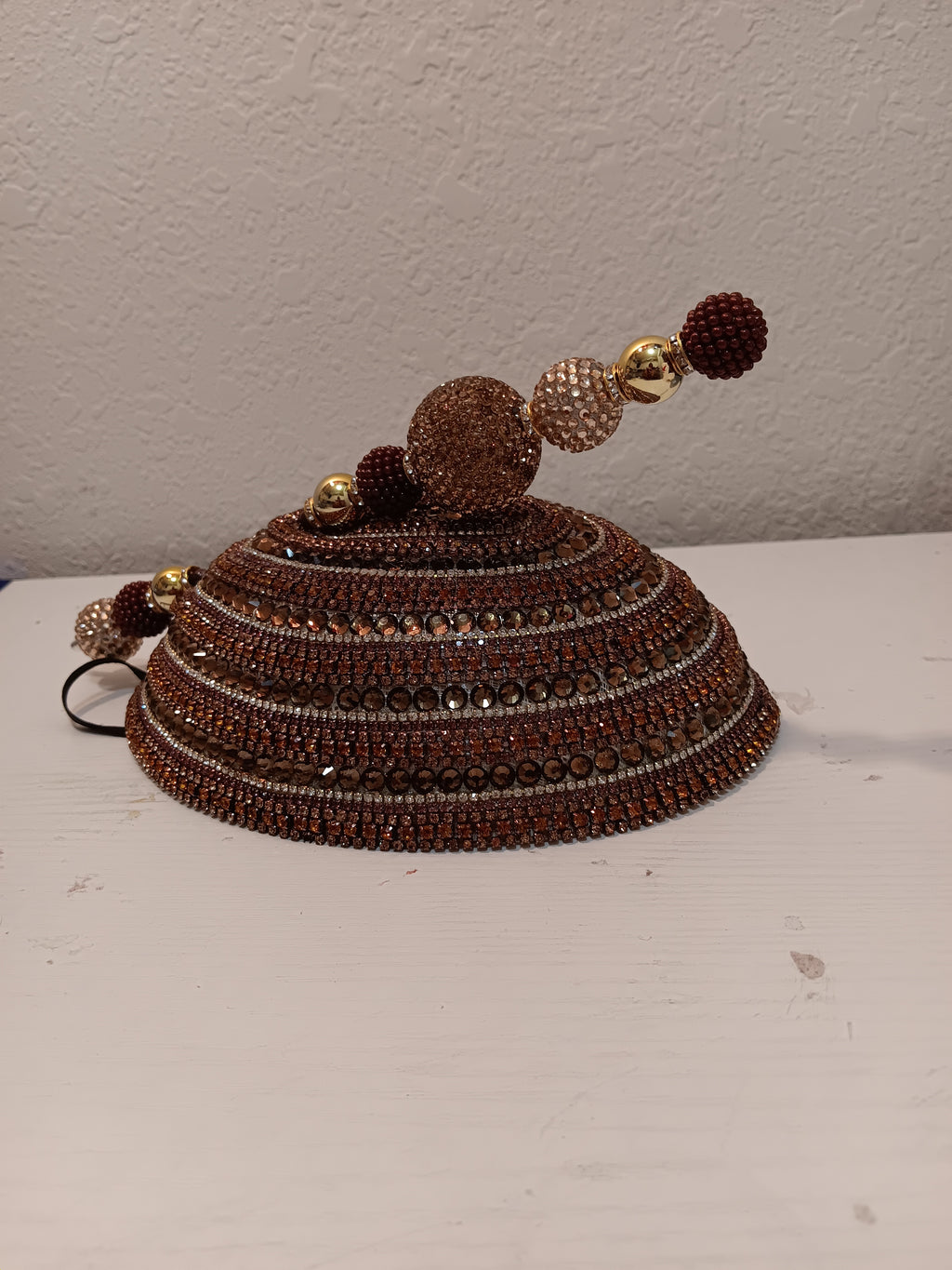 Church Hat  Brown with Gold Fascinator with Rhinestones and a Matching Hat Pin