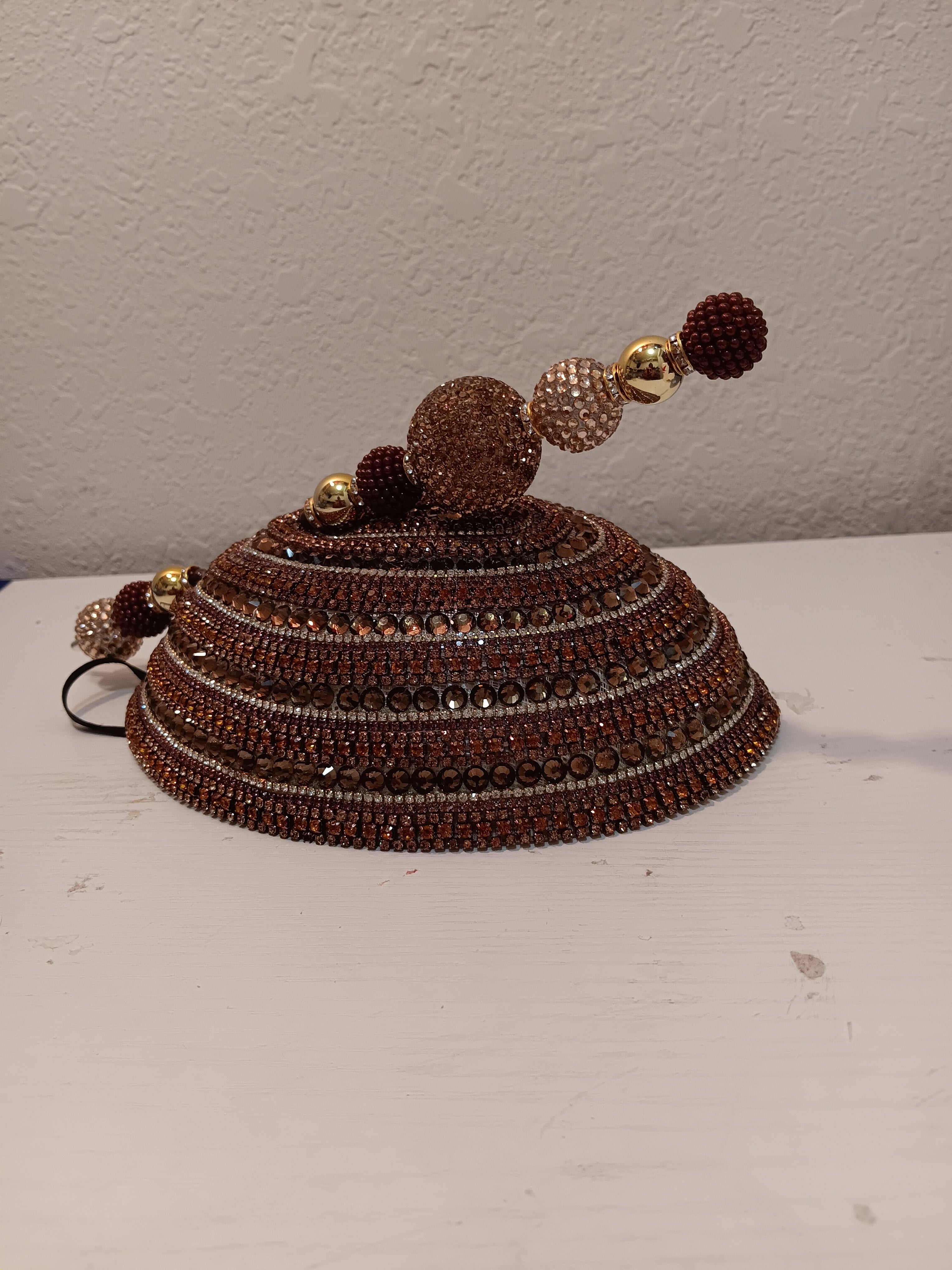 Church Hat  Brown with Gold Fascinator with Rhinestones and a Matching Hat Pin