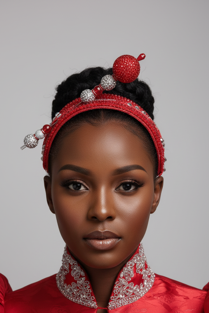 Red hat fascinator headband with hat pin, stylish church hat accessory by Roni Accessories Shop.