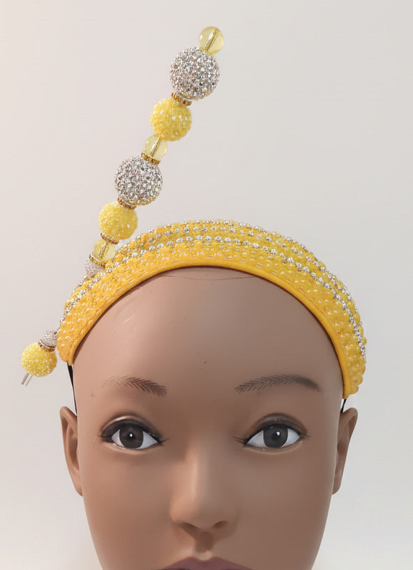 Yellow Fascinator Hat for Women, Church Hat, Silver Rhinestone Headpiece