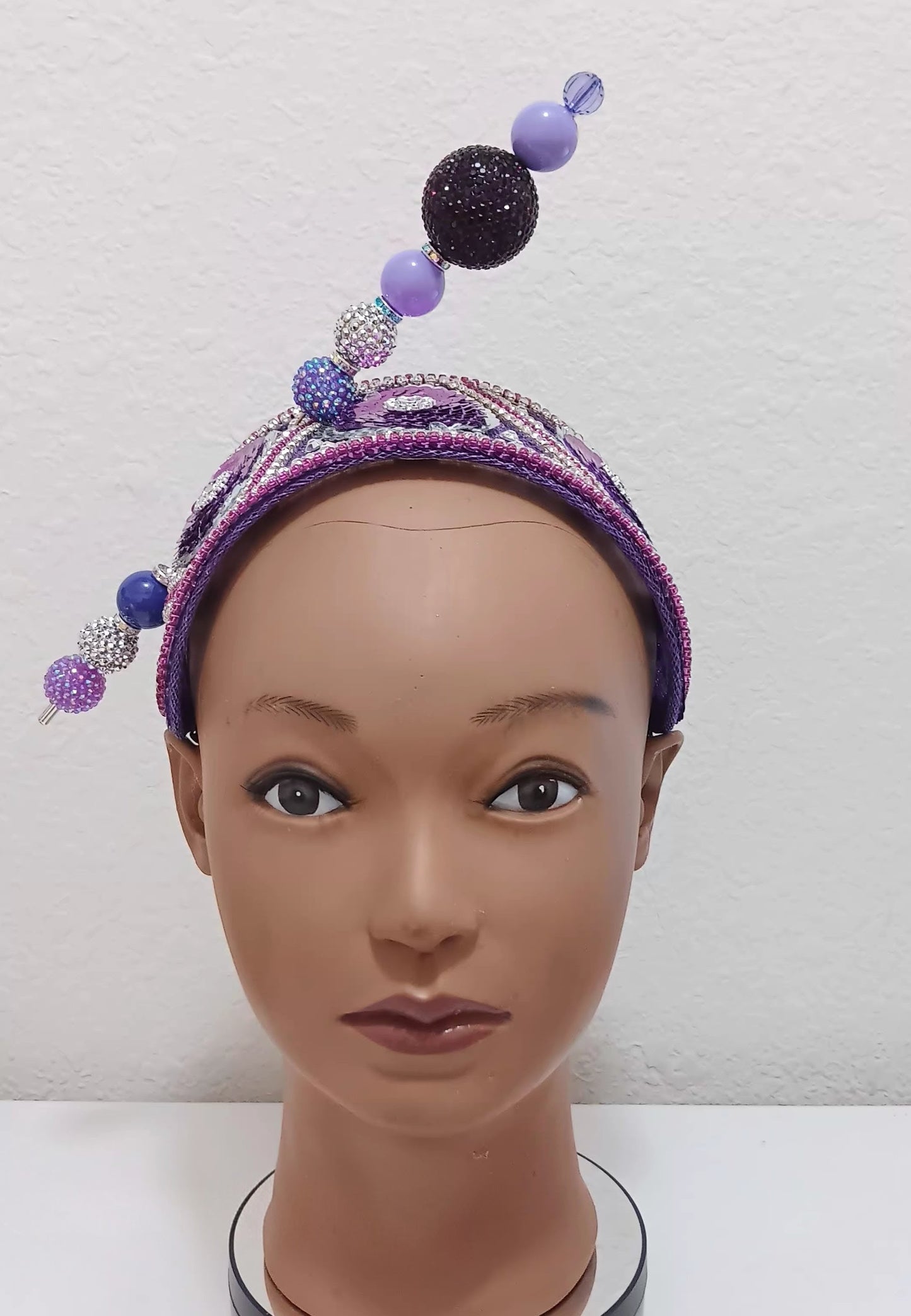 Purple beaded fascinator hat headband with silver hat pin, stylish church hat accessory by Roni Accessories Store.