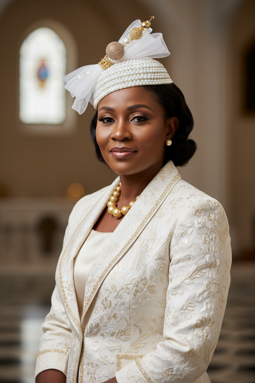 Woman wearing White and Gold Fascinator Hat